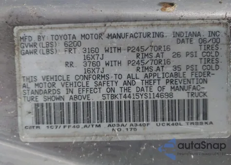 2000 Toyota Tundra Sr5 V8 from USA, damaged, VIN 5TBKT4415YS114698